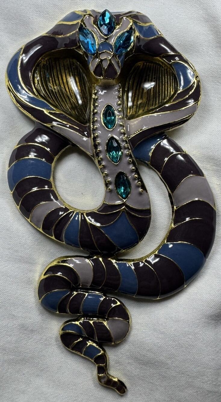 Cobra Snake Brooch Pin Blue Purple Enamel Rhinestone Gold Tone Statement NEW